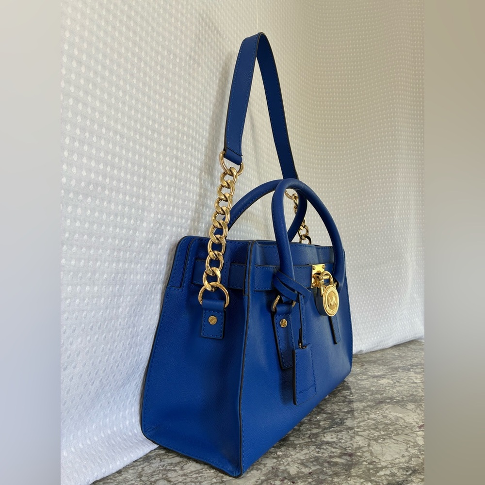 Michael Kors 3PC Blue Hamilton Satchel w/ Gold Accents, Wallet & MK Dust Bag EUC - Picture 6 of 12